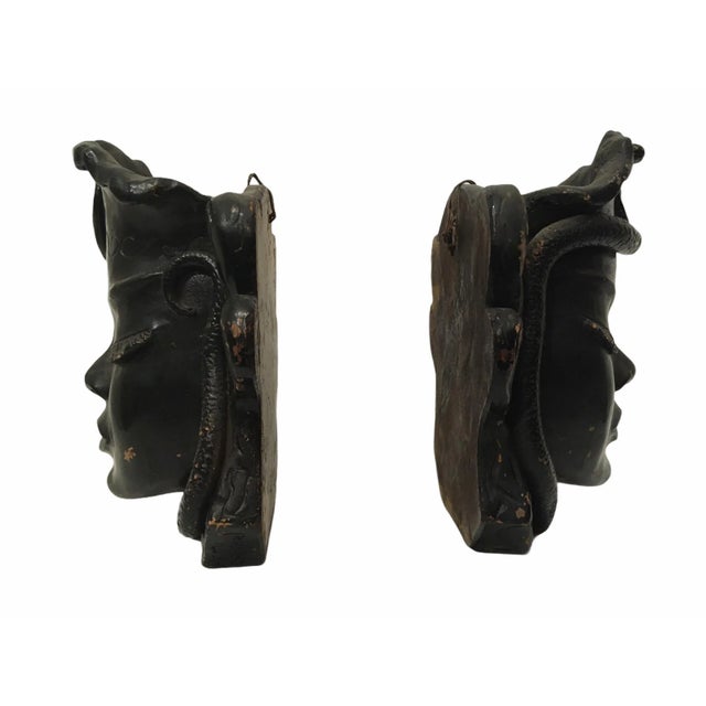 Antique 1920s Art Deco Egyptian Revival Black Clay Wall Hangings - a Pair Mask Wall Pockets For Sale - Image 6 of 13