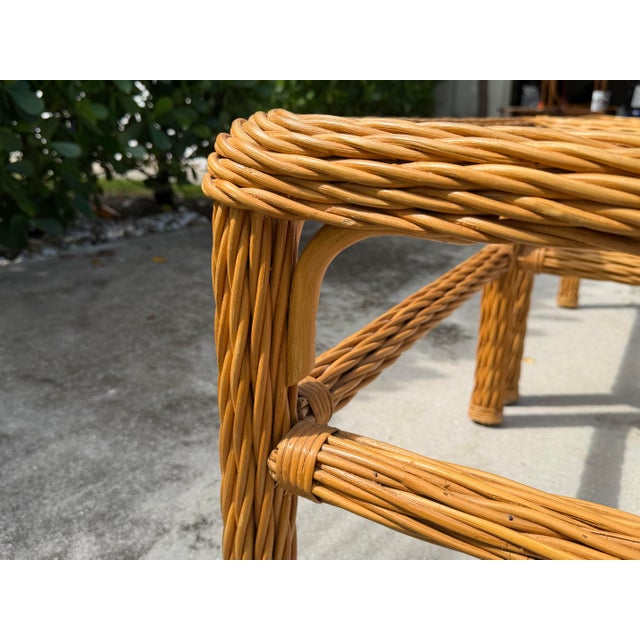 Late 20th Century Vintage Woven Rattan End Tables With Glass Tops, Pair For Sale - Image 5 of 12
