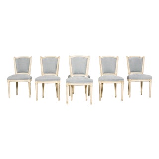 Set of 6 French Louis XVI Painted Dining Chairs in Dusty Blue, Early 20th Century For Sale