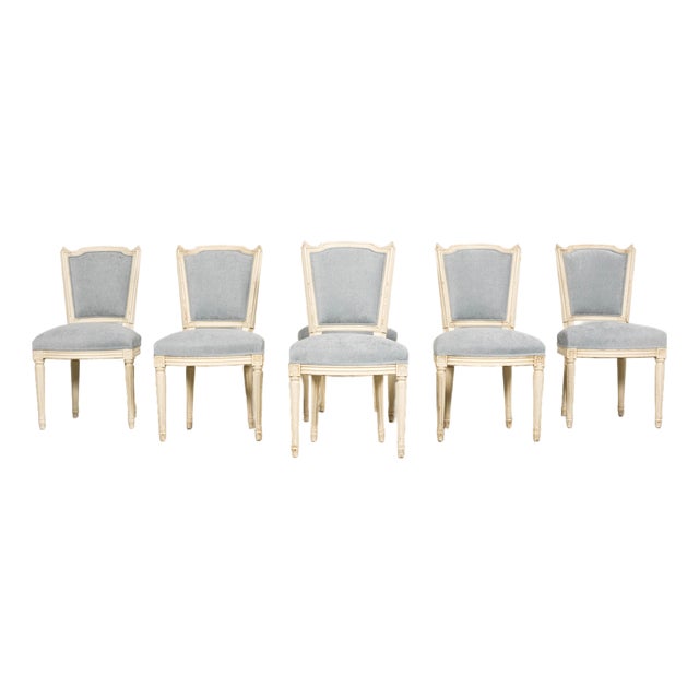 Set of 6 French Louis XVI Painted Dining Chairs in Dusty Blue, Early 20th Century For Sale