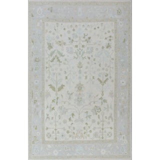 Modern Handknotted Oushak Rug in Muted Sage & Powder Blue, 9' x 12' For Sale