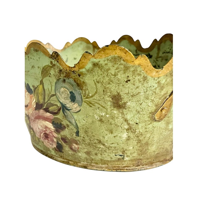 Mid 20th Century Vintage French Tole Cachepot With Hand-Painted Roses and Scalloped Rim For Sale - Image 5 of 15