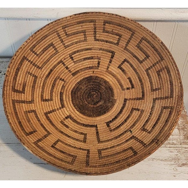 This fine basket is a geometric Greek key pattern. Fine Weave and hand dyed. This large tray or bowl is in fine condition...