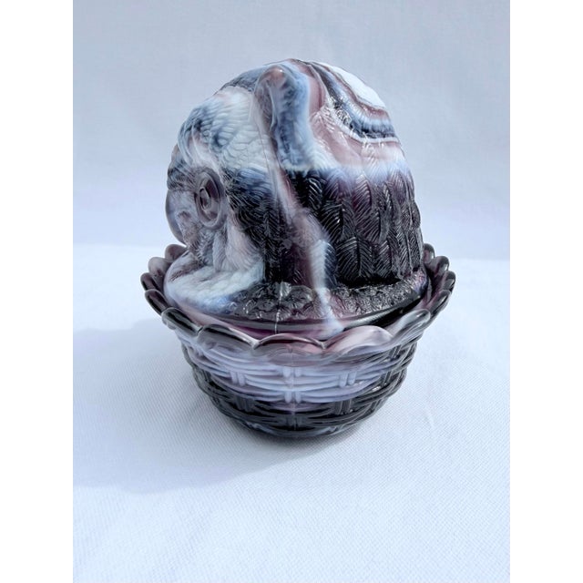 Mid-Century Modern Vintage Amethyst Slag Glass Owl on Nest Dish For Sale - Image 3 of 9