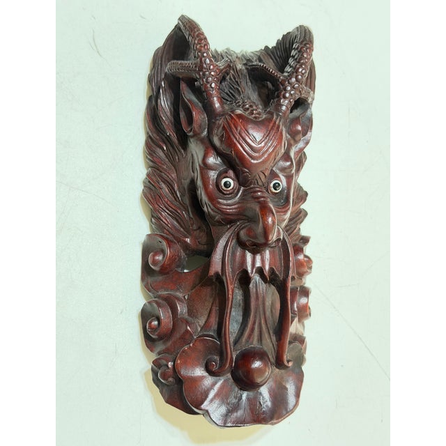 Vintage Indonesian Hand-Carved Horned Guardian Wall Mask With Inset Eyes For Sale - Image 4 of 12