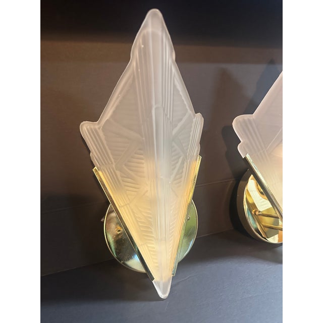 Artemide 1970s Pair Vintage Art Deco Triangle Glass Brass Wall Light Sconces For Sale - Image 4 of 10