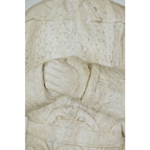 Mid 20th Century Pair of 5.5 Ft. Chinese Marble Civil Officer & Military Leader Statues For Sale - Image 11 of 16
