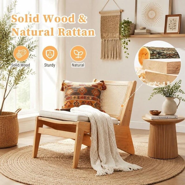 Rattan Accent Chair for Living Room, Mid Century Modern Wood Side Chair, Comfy Bamboo Armchair for Bedroom Reading Nook, Boho Home Decor For Sale - Image 6 of 10