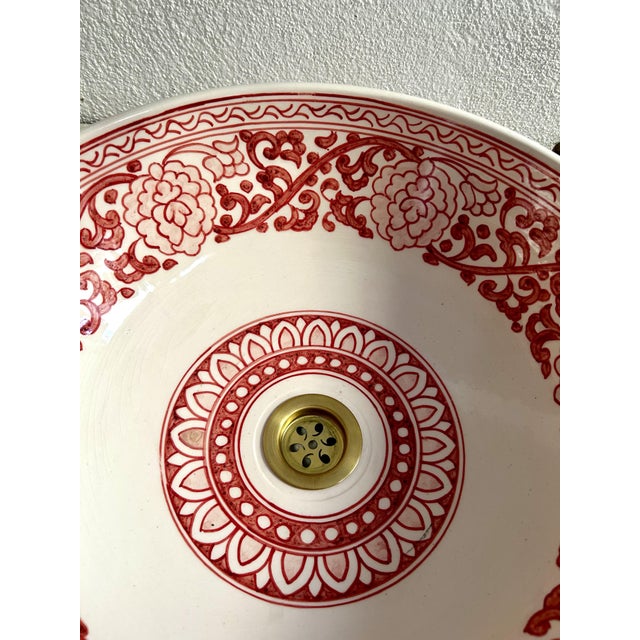Pink Flower Handcrafted Vessel Basin Ceramic Modern Style, Moroccan Basin Sink Bowl with Brass Drain For Sale - Image 6 of 10