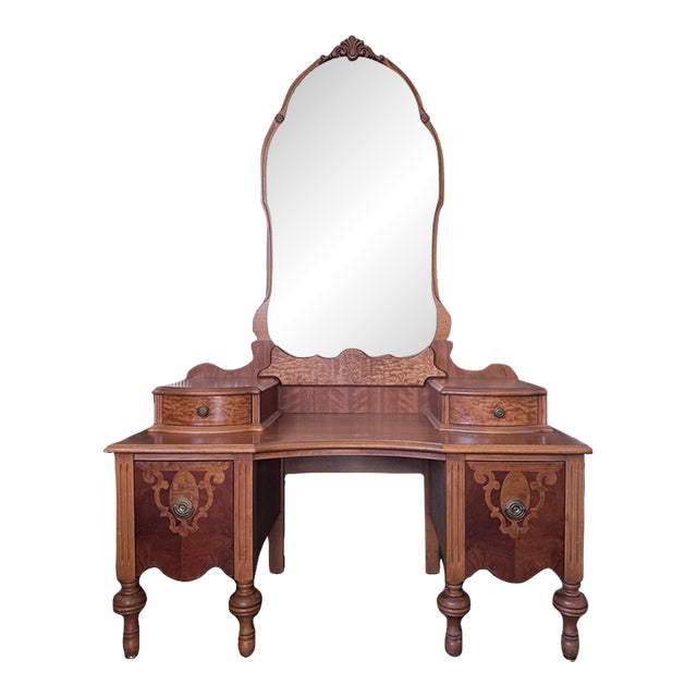 1930s Jacobean Revival Walnut and Figured Maple Vanity With Tall Arched Mirror For Sale