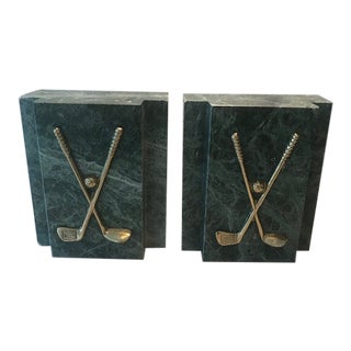 Vintage 1970s Green Marble Golf Bookends - a Pair For Sale