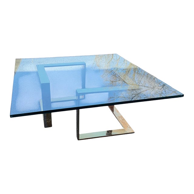 1980s Modern Glass Coffee Table With Brass Geometric Base – Sculptural Minimalist Design For Sale