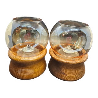 Set of Two Vintage Danish Modern Gailstyn-Sutton Teak & Glass Hurricane Lamp/Candle Holders. For Sale