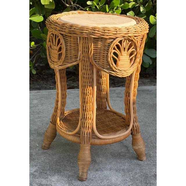 Contemporary Vintage Sculptural Rattan Side Table With Tessellated Travertine Inlay For Sale - Image 3 of 15