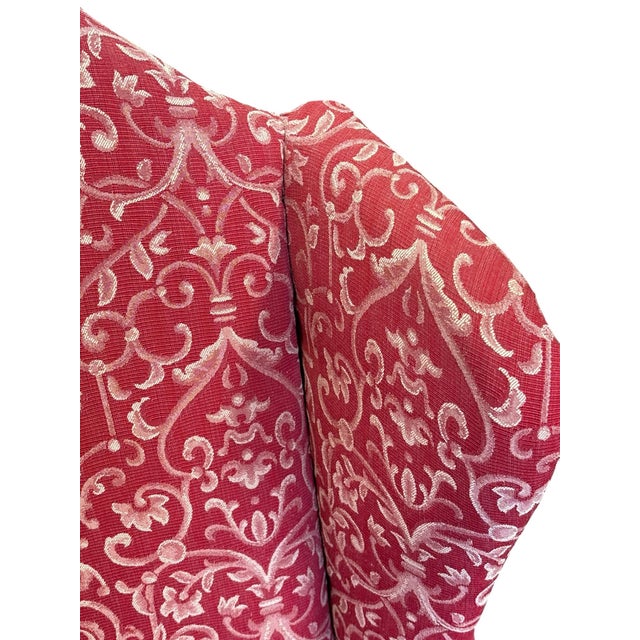 Elegant Queen Anne Wingback Chair in Coral Damask Upholstery With Carved Mahogany Frame For Sale - Image 9 of 12