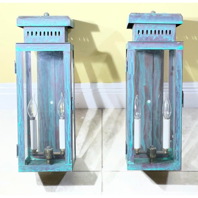 Large Stunning Pair of Solid Copper Wall Lanterns For Sale - Image 15 of 16