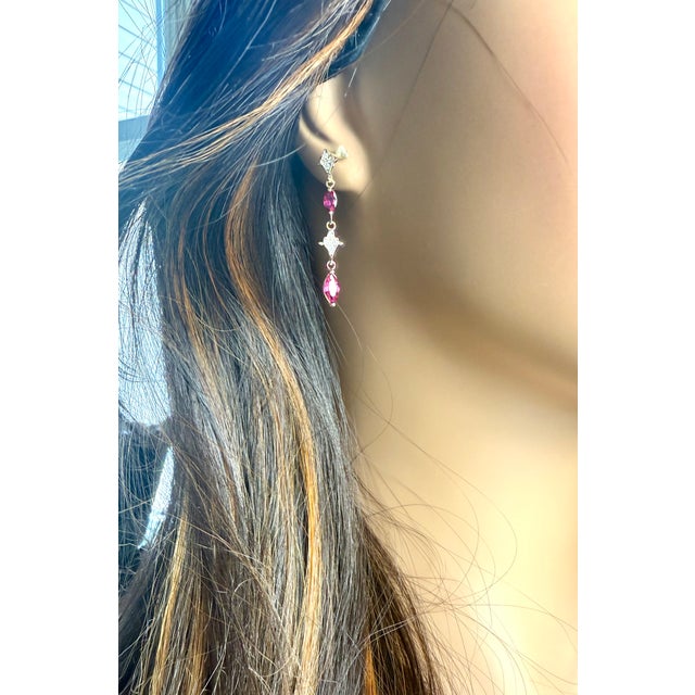 14k Yellow Gold Drop Earrings 4 Marquis Rubies 2.40 Pavé Diamonds 0.30 Carats, A Pair For Sale - Image 4 of 9
