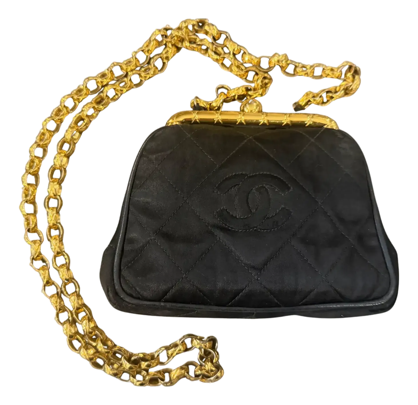 バッグ CHANEL Vintage rare CC SatinBlack & Gold A Rare 1990s Black Satin Silk Evening Bag by Chanel | Chairish