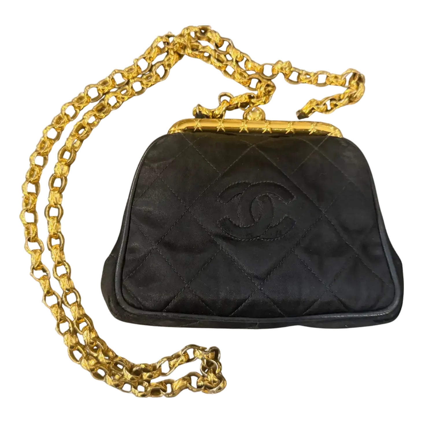 バッグ CHANEL Vintage rare CC SatinBlack & Gold A Rare 1990s Black Satin Silk Evening Bag by Chanel | Chairish