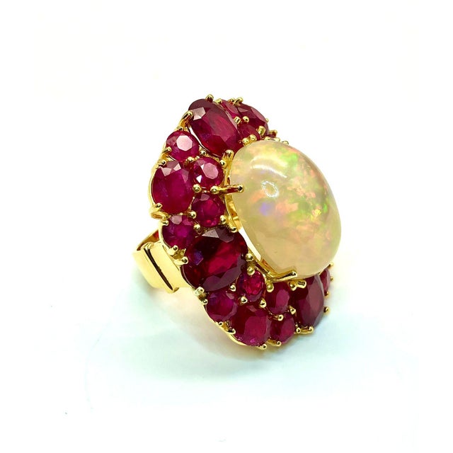 Bochic “Capri” Vintage Fire Opal & Ruby Cluster Ring Set In 18K Gold & Silver Rose Cut Natural Red Rubies - 9 Carats...