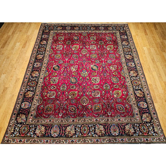 Vintage Tabriz Rug, Hand-Knotted Wool, All Over Geometric Pattern, Red & Navy, 10x13 For Sale - Image 12 of 18