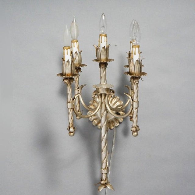 Metal Antique Arts & Crafts Gothic Silvered Finish Candelabra Wall Sconces 20th C For Sale - Image 7 of 8