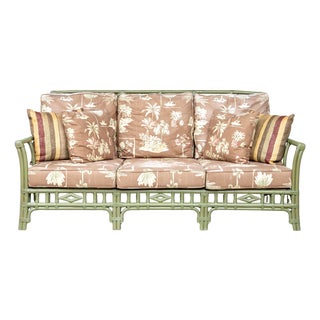 Tommy Bahama Sage Green Rattan Faux Bamboo Sofa With Botanical Upholstery For Sale