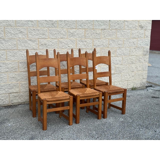 Rustic European 1950s French Oak & Rush Ladder-Back Dining Chairs - Set of Six For Sale - Image 3 of 13