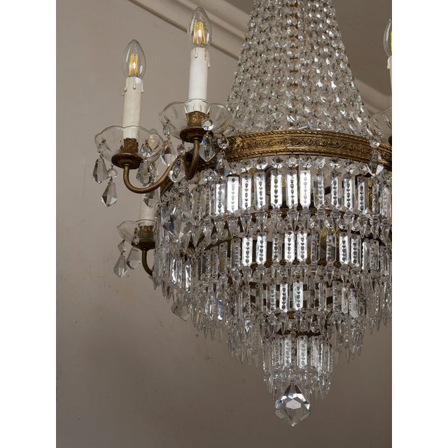 Metal Italian Empire Style 12-Light Chandelier in Brass, Crystal and Cut Glass, 1940s For Sale - Image 7 of 15