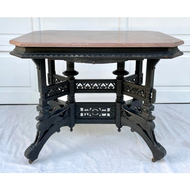 Antique Eastlake Pink Marble and Griffin Carved Rolling Table For Sale - Image 13 of 13