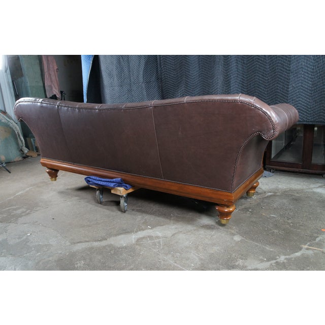 Late 20th Century Baker Furniture Stately Homes Tufted Brown Leather & Walnut Chatsworth Sofa For Sale - Image 14 of 15