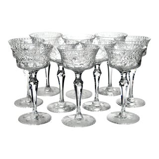 1930s Hand Wheel Engraved & Cut Crystal, Tall Cocktail/Champagne Coupes- Set of 10 For Sale