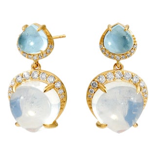 Syna Yellow Gold Blue Topaz and Moon Quartz Earrings with Diamonds, a Pair For Sale