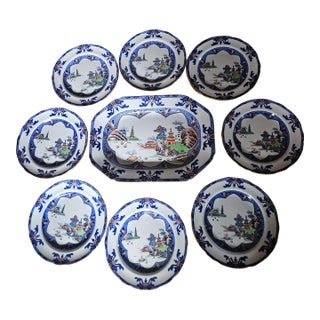 Antique Copeland Spode 8.75" Plates With Chinoiserie Design Set of 8 Plus Matching Plstter For Sale