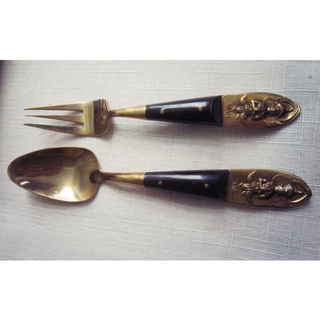 Vintage 19 Piece Johnys Gems Bronze / Brass And Rosewood Desert Flatware Set With Storage Box Thailand.