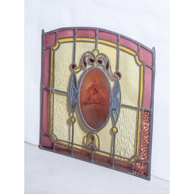 Glass Art Deco Stained Glass Window Panel with Hand-Painted Horse Medallion, 1920 For Sale - Image 7 of 8