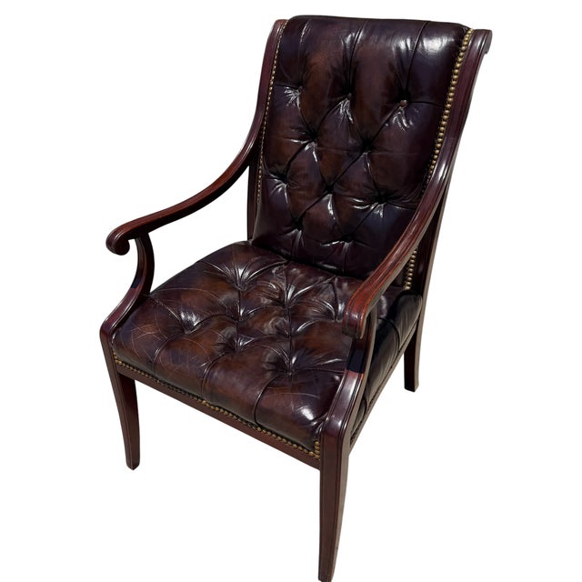 Early 20th Century Regency Style English Tufted Leather Mahogany Arm Chair - 1 of 2 For Sale - Image 5 of 5