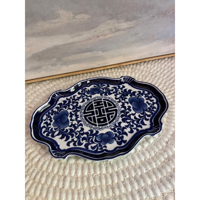 Vintage Bombay Company Blue and White Oriental Oblong Tray For Sale - Image 4 of 6