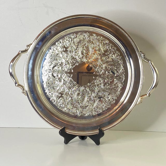Vintage Oneida Silverplate Round Serving Tray With Handles For Sale - Image 10 of 13