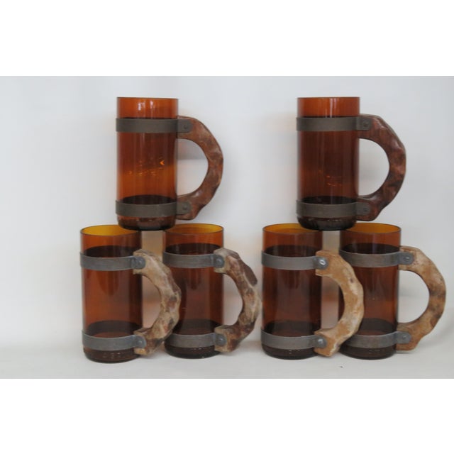 Amber Brown Glass With Wood Handle Beer Mug Set of Six 4661b For Sale - Image 9 of 18