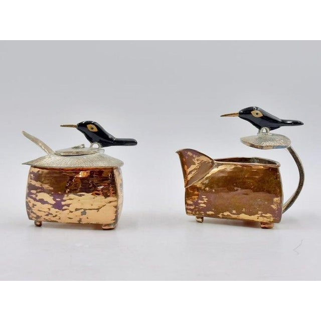 Metal 1980s Emilia Castillo Copper & Silver Creamer & Sugar Set With Bird Sculptures For Sale - Image 7 of 18