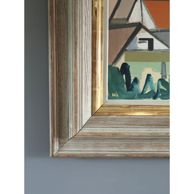Mid-Century Modern 'Where Houses Gather' Vintage Geometric Abstract Street Scene Oil Painting by Swedish Artist Wilhelm Wik (1897-1987), Framed For Sale - Image 6 of 12
