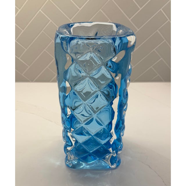 2020s Studio a by Global Views Tall Quilted Hand-Blown Polish Art Glass Vase in Light Blue For Sale - Image 5 of 12