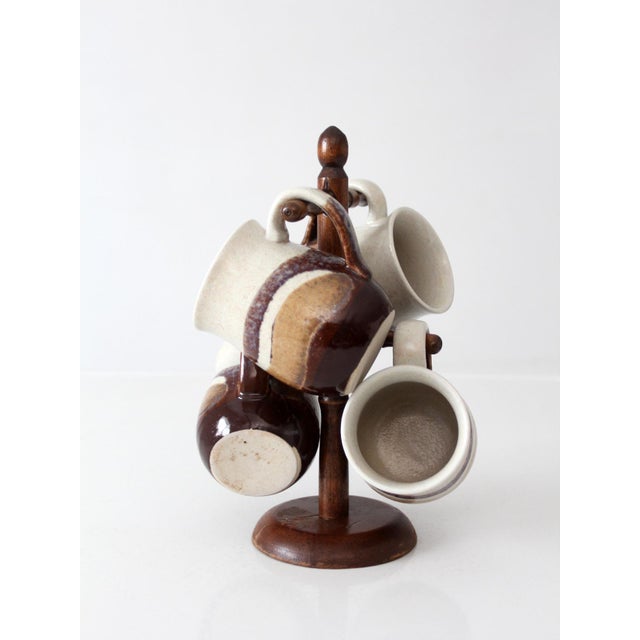 Vintage Handmade Studio Pottery Mug Set With Wooden Stand - Set of 5 For Sale - Image 4 of 17