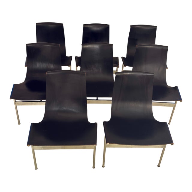 Set of 8, 1952 Attributed to Katavolos T-Chairs, Chrome & Black Leather Sling Chair, Mid Century Modern For Sale