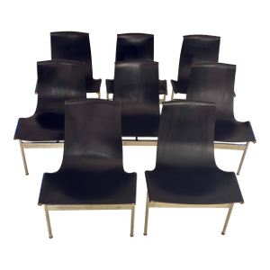 Set of 8, 1952 Attributed to Katavolos T-Chairs, Chrome & Black Leather Sling Chair, Mid Century Modern