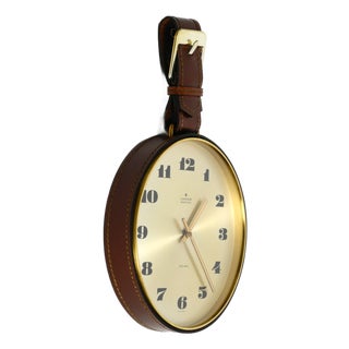 Junghans Brass Wall Clock with Leather Strap, 1960s For Sale