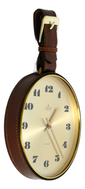 Junghans Brass Wall Clock with Leather Strap, 1960s