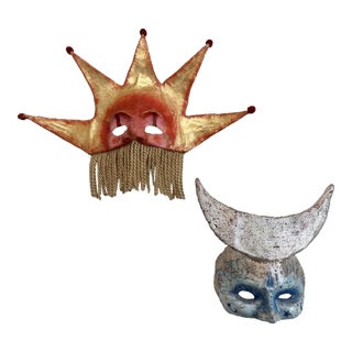 Handmade Gilded Venetian-Style Papier-Mache Celestial Masks, Representing the Sun (Sole) and the Moon (Luna) For Sale