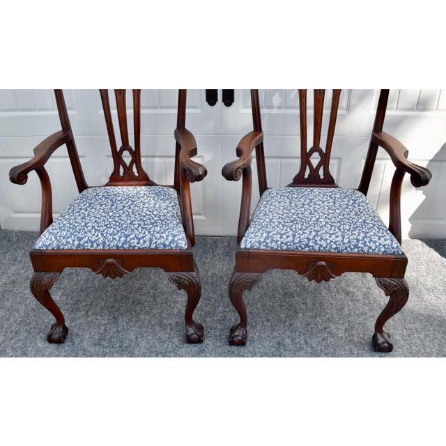 1910s Antique Pair Mahogany Armchairs Chippendale Style Carved Ball Claw Foot Dining For Sale - Image 5 of 18
